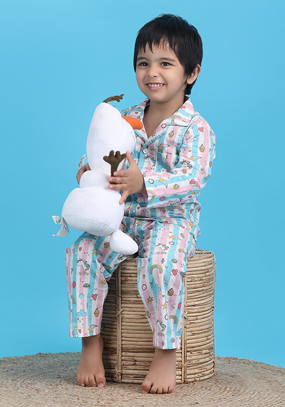 Polka Tots Full sleeves Unicorn print Stripes Night suit - Pink