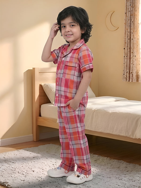Polka Tots Half sleeves Checkered Night Suit - Magenta