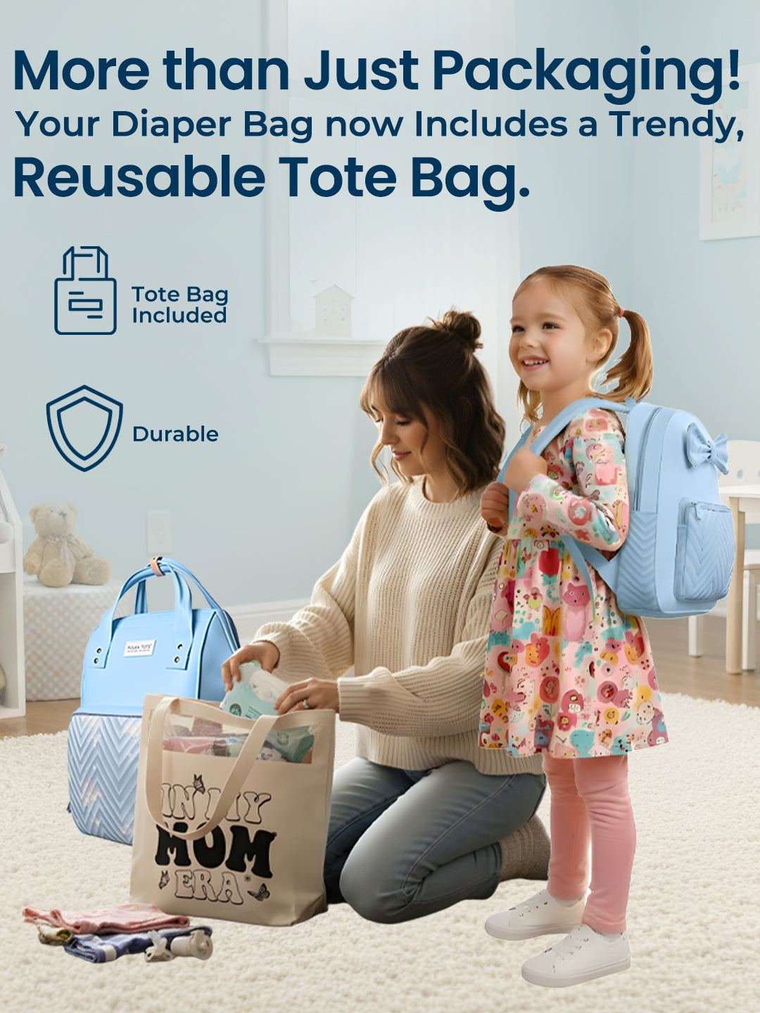 Woman and child with reusable bags and a diaper bag in a home setting.