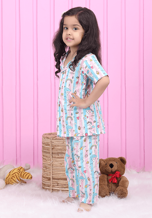 Polka Tots Half Sleeve Unicorn Stripes Print Night Suit - Multicolor