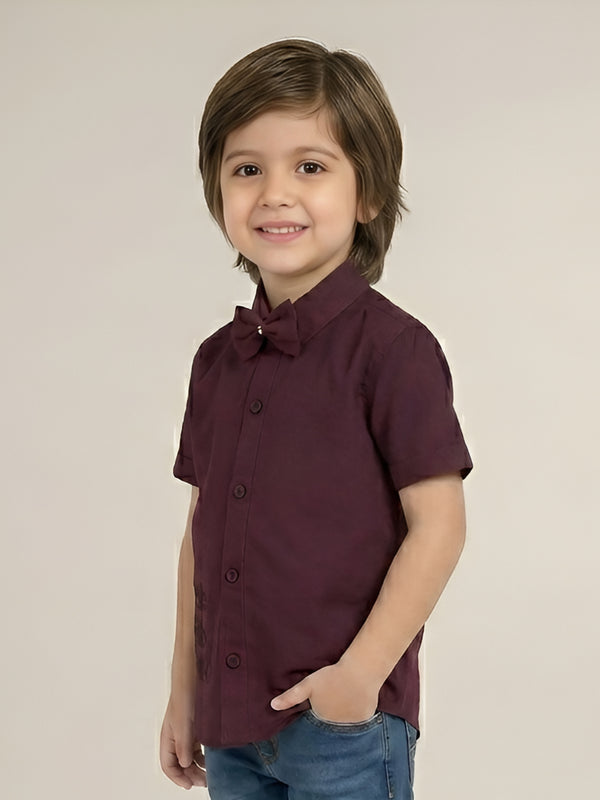 Polka Tots Cotton Regular Fit Dads Little Copy Diamond Party Wear Shirt With Bow Tie - Dark Maroon