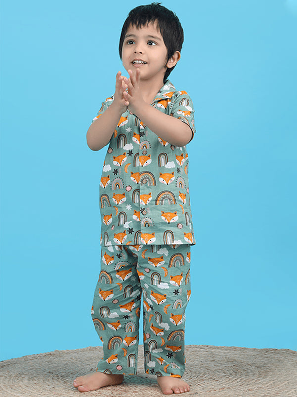 Polka Tots Half Sleeve Fox print Night Suit - Green
