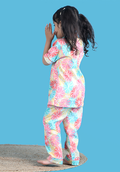 Polka tots Half Sleeve Lemon print Night Suit - Multicolor