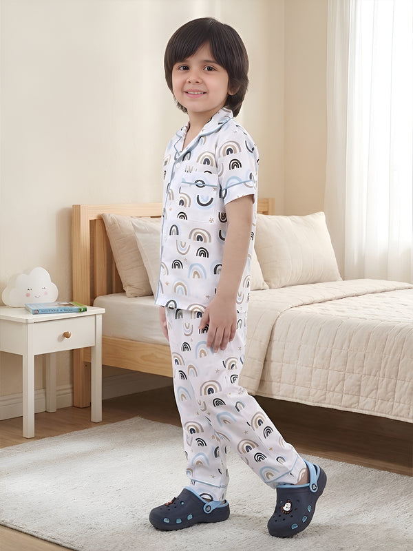 Polka Tots Half sleeves Rainbow print Night Suit - White