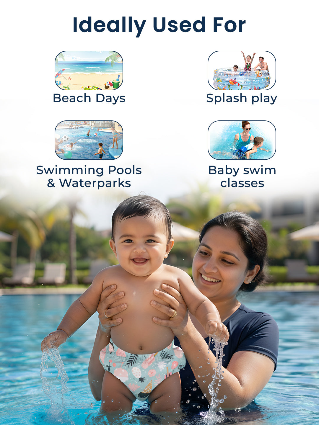 Woman and child in a pool with text indicating product use for beach days, splash play, swimming pools, waterparks, and baby swim classes.