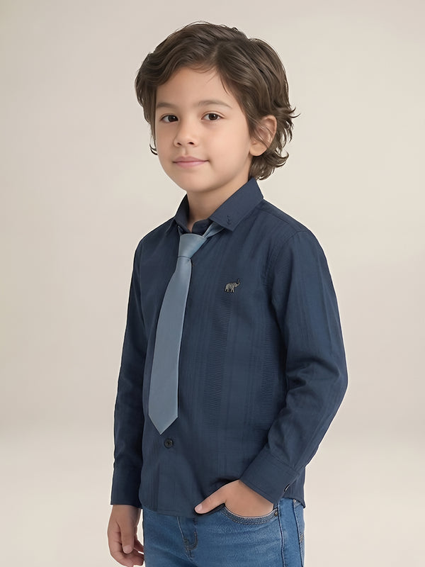 Polka Tots Full Sleeves Cotton self textured Shirt with Tie - Navy