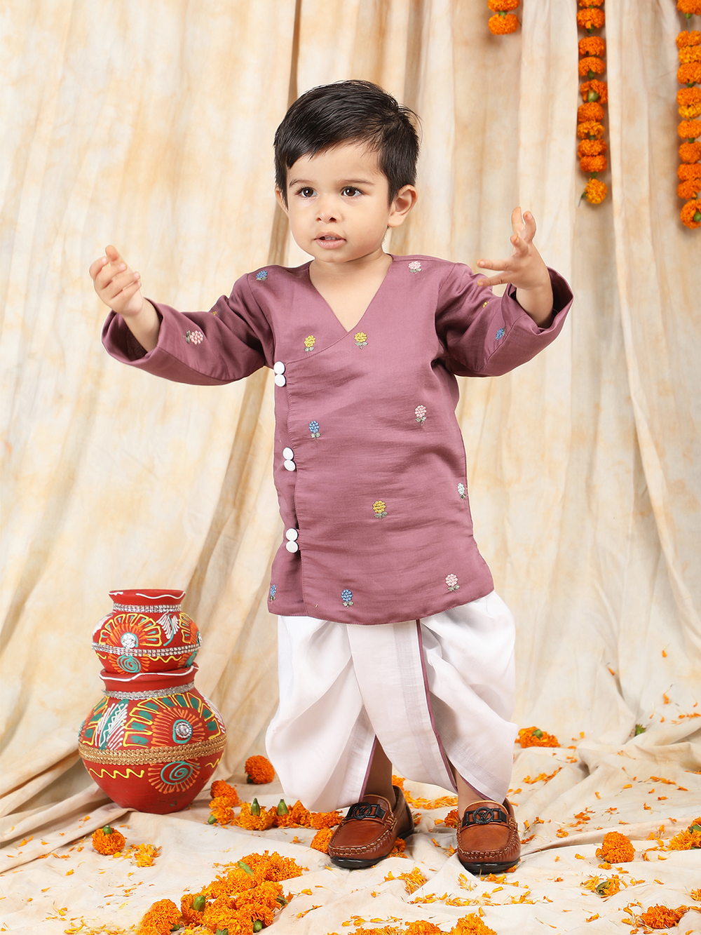 Polka Tots Full sleeves Flower Embroidery Angrakha With Dhoti Set - Turkish Rose