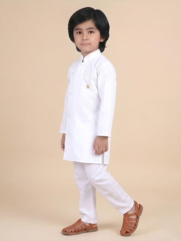 Polka Tots Full Sleeve Solid Ethnic Kurta Pyjama Set - White