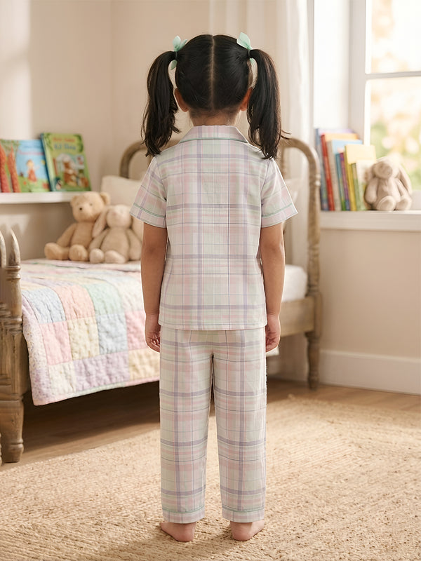 Polka Tots Half sleeves Checkered Night Suit - Green