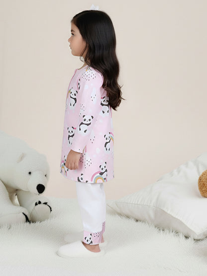 Polka Tots Panda Rainbow Print Full sleeves Nightwear Kurta pyjama set - Pink