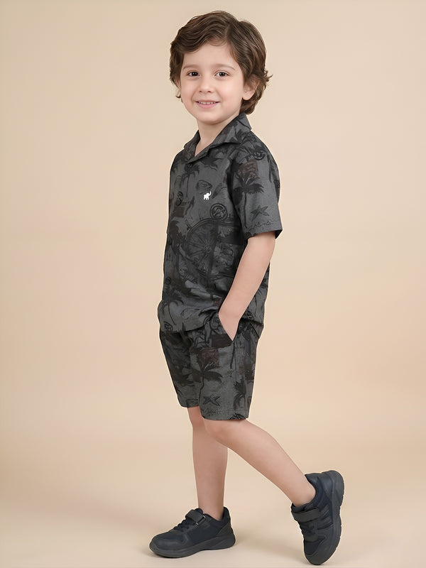 Polka Tots Half Sleeves Tropical print co-ord set - Black