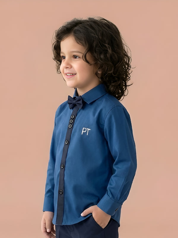 Polka Tots Full Sleeve Party Wear Reverse Collar Placket With Bow Tie Shirt - Blue