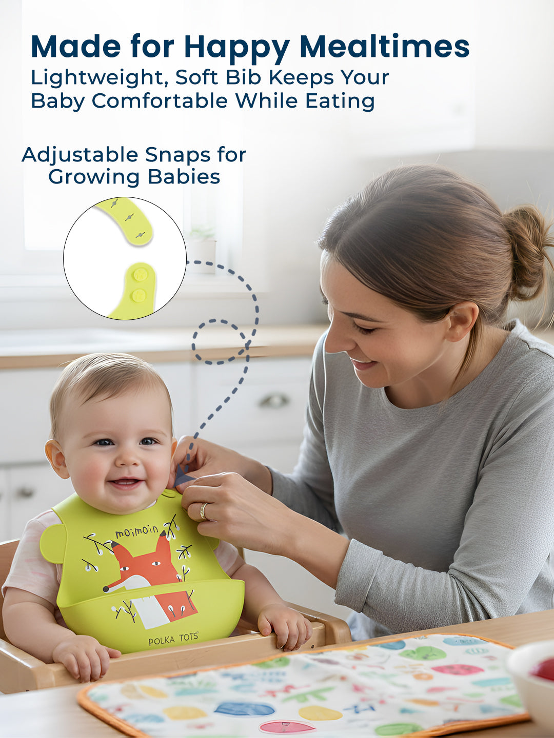 Woman adjusting a bib on a baby with text about the bib's features.