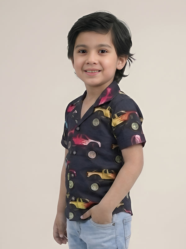 Polka Tots Half Sleeves Jeep print Shirt - Black