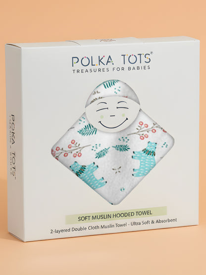 Polka Tots 100% Soft Muslin Cotton 2-Layer Hooded Baby Towel with Ear Appliqué - Bloomy Bear Print