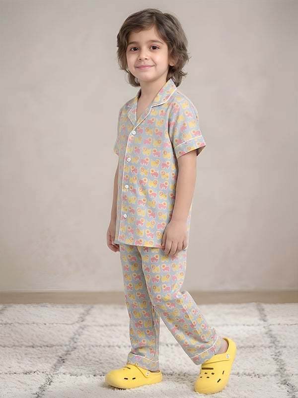 Polka Tots Half Sleeves Lion print Night Suit - Light Blue