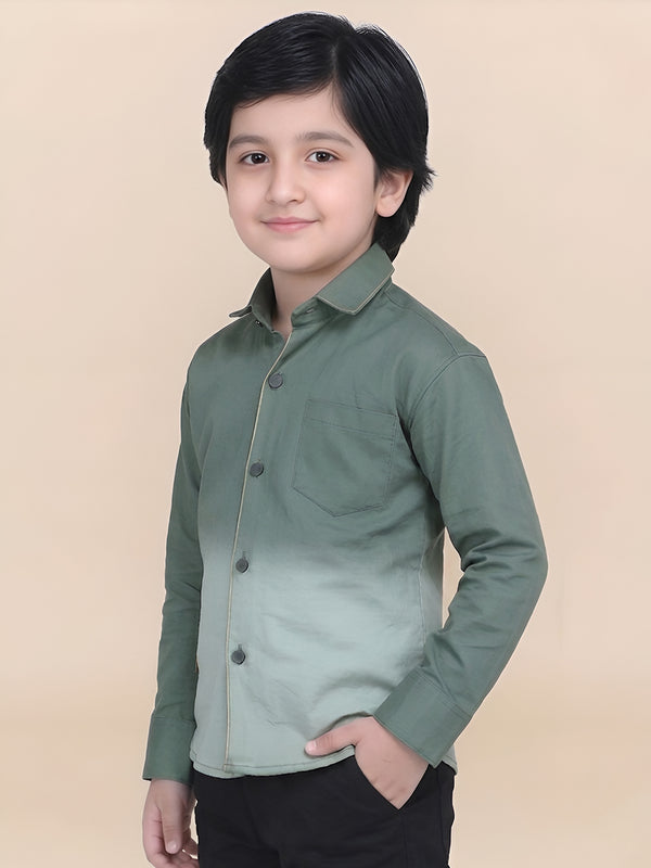 Polka Tots Full Sleeves Cotton Ombre Effect Shirt - Green