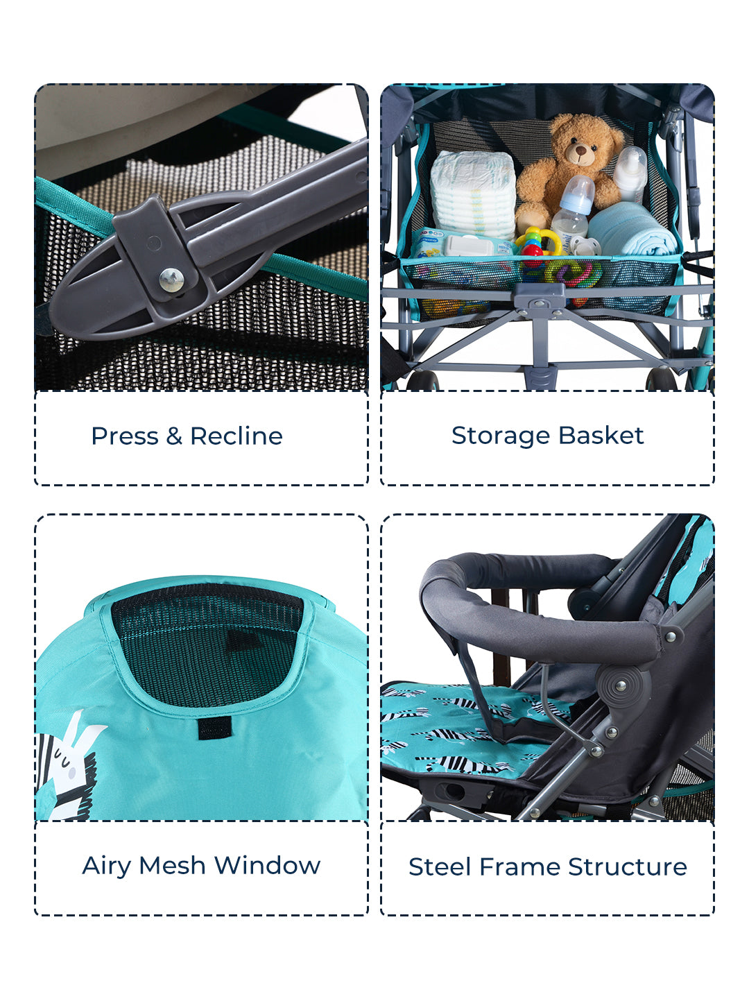 Collage of a stroller with features highlighted, including press & recline, storage basket, airy mesh window, and steel frame structure.