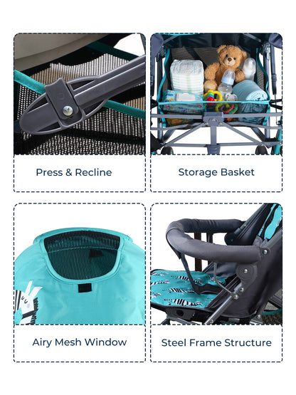 Collage of a stroller with features highlighted, including press & recline, storage basket, airy mesh window, and steel frame structure.