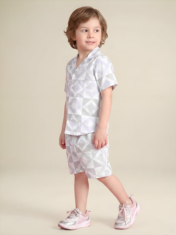 Polka Tots Half Sleeves Geometric print Co-ord Shorts - Grey