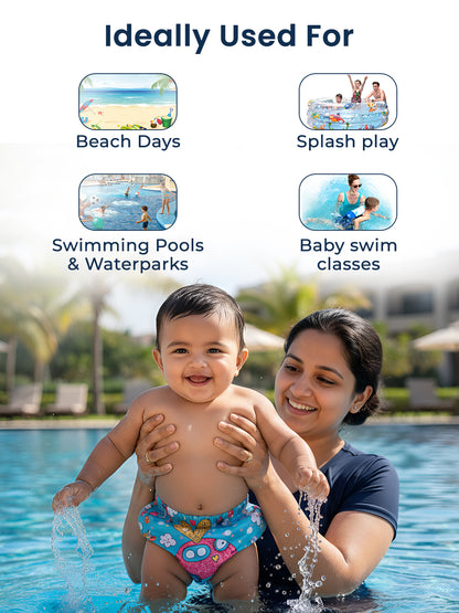 Woman holding a child in a pool with text indicating product use for beach days, splash play, swimming pools, waterparks, and baby swim classes.