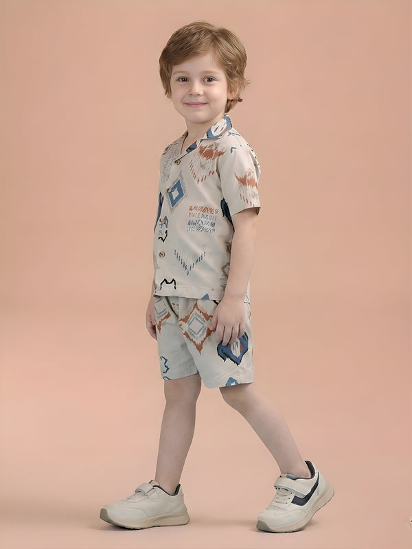 Polka Tots Half Sleeves Abstract print Co-ords - Cream