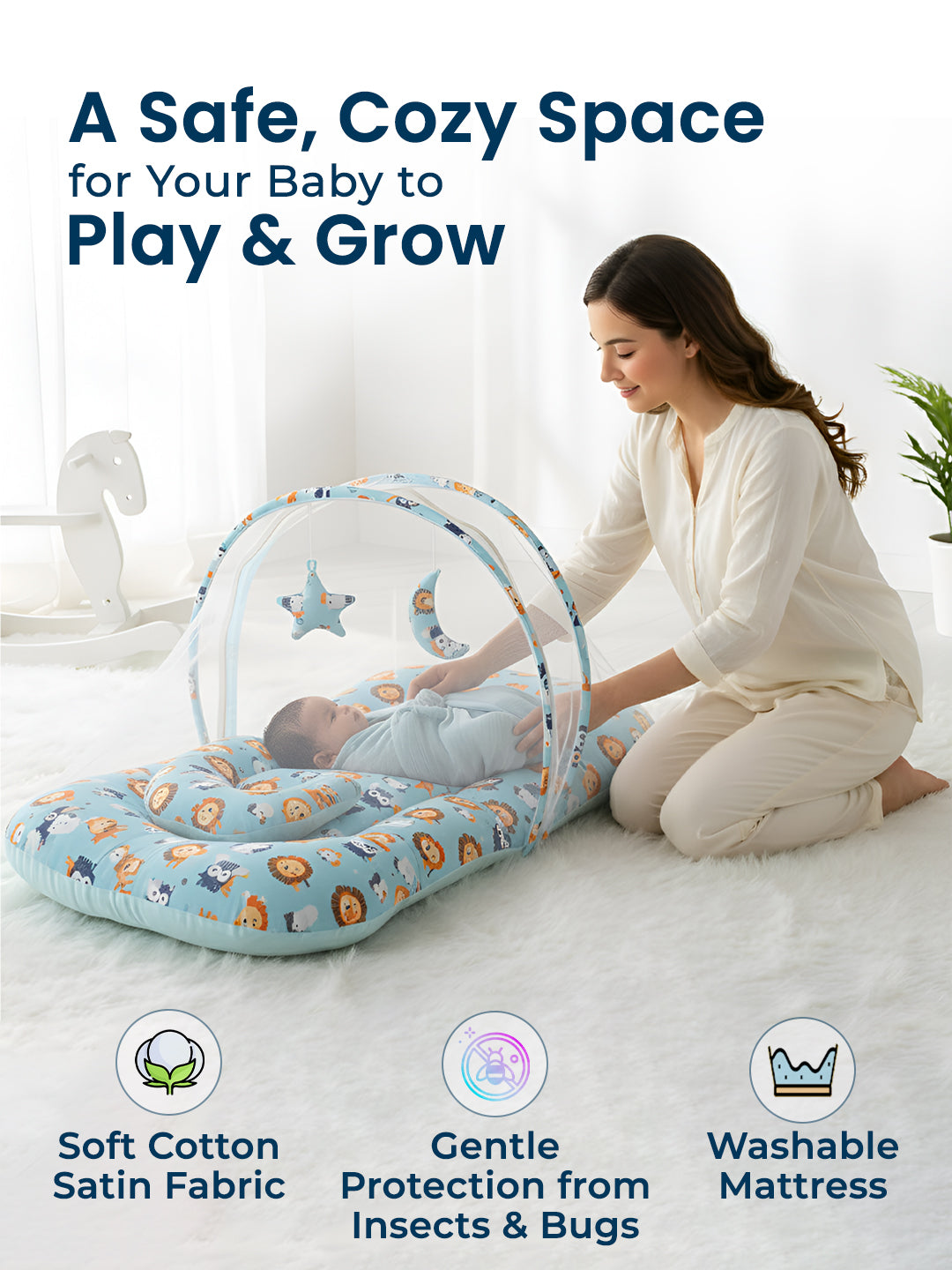 Baby lying in a crib with a canopy, surrounded by a woman, in a room with white walls and a plant.