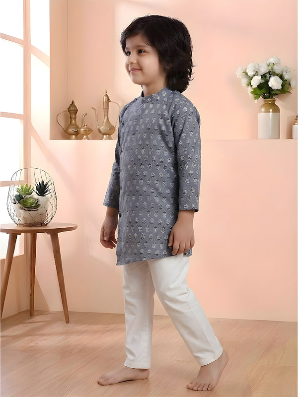 Polka Tots Cotton Full Sleeve Geometric Print Ethnic Kurta Pyjama Set - Grey