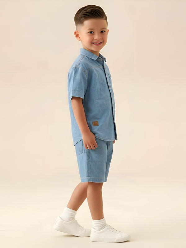 Polka Tots Half Sleeves Textured Denim co-ord set - Light Blue