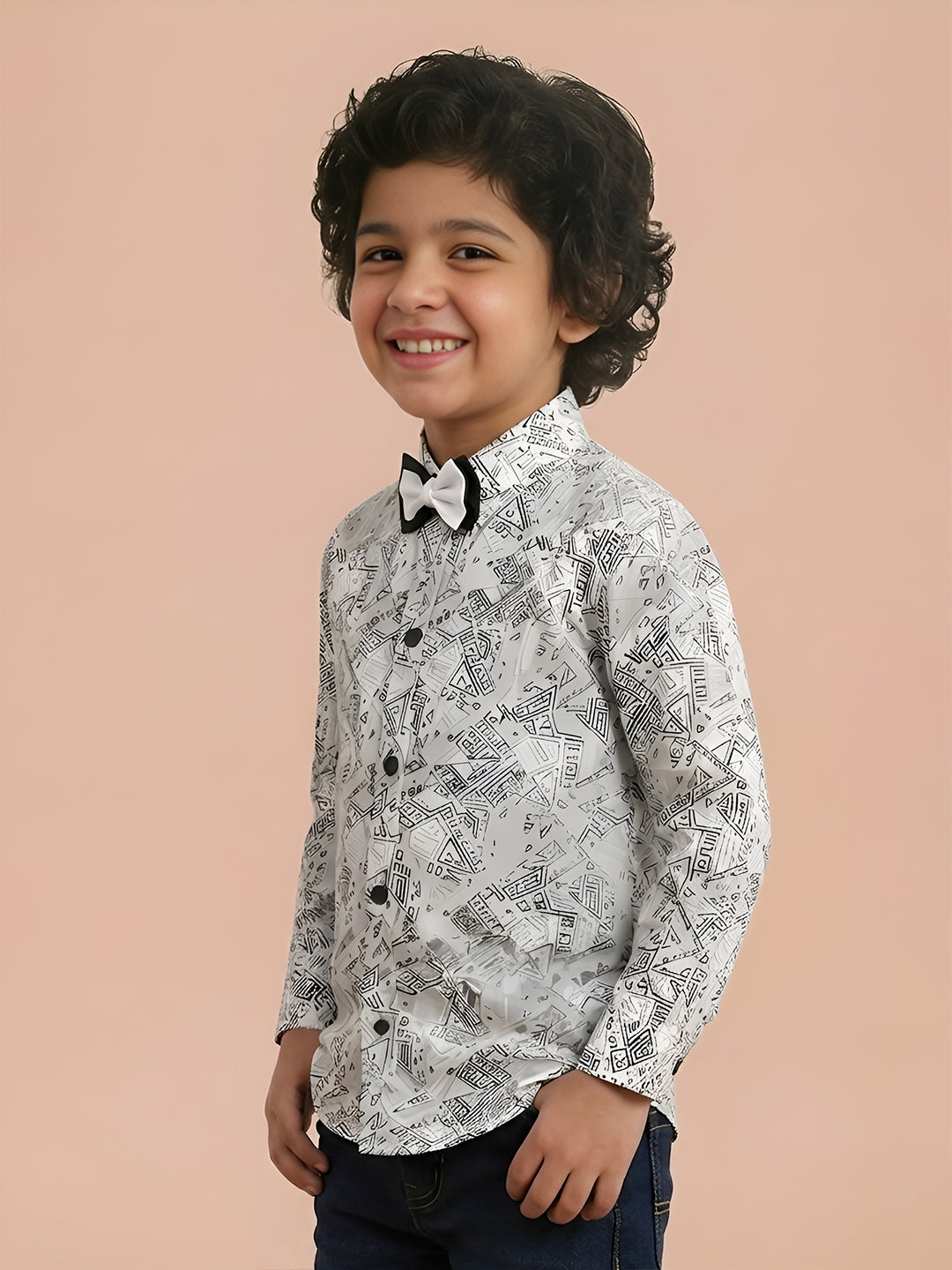 Polka Tots Cotton Regular Fit Full Sleeve Zig Zag Print Dual Bow Tie Shirt - White & Grey