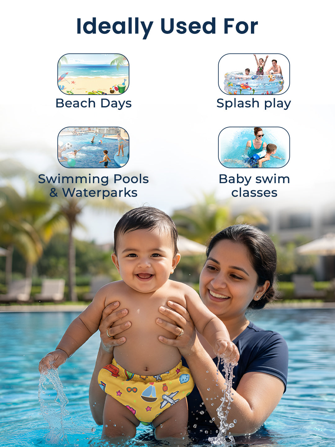 Woman and child playing in a pool with text indicating product use for beach days, splash play, swimming pools, waterparks, and baby swim classes.