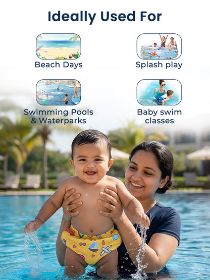 Woman and child playing in a pool with text indicating product use for beach days, splash play, swimming pools, waterparks, and baby swim classes.