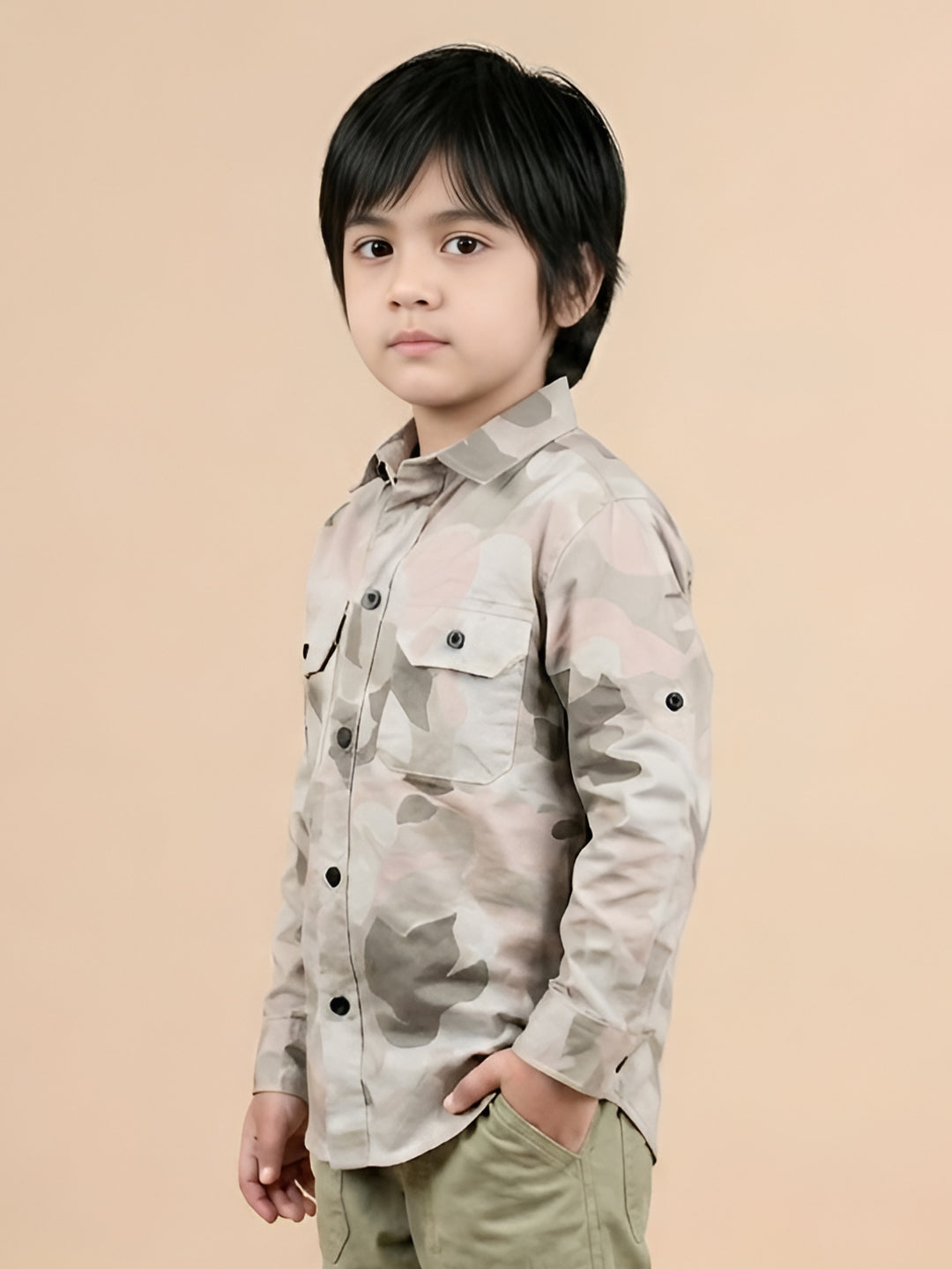 Polka Tots Full sleeve camouflage shirt - Grey and Pink