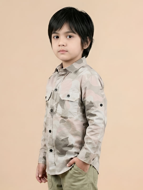 Polka Tots Full sleeve camouflage shirt - Grey and Pink