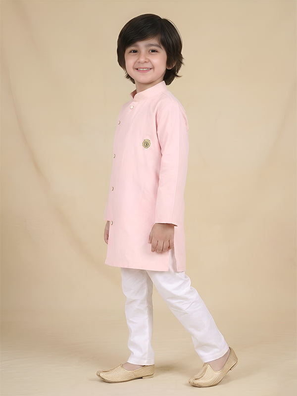 Polka Tots Full Sleeve Solid Ethnic Kurta Pyjama Set - Peach