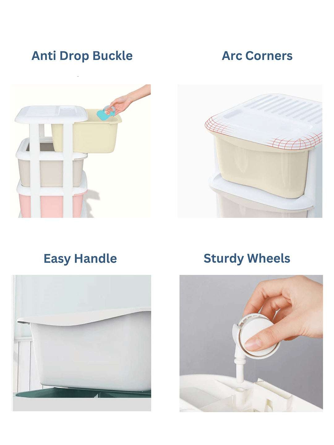 Product features including anti-drop buckle, arc corners, easy handle, and sturdy wheels on a white background.