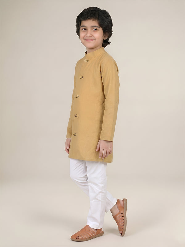 Polka Tots Full Sleeve Boys Geometric Buta Weave Ethnic Kurta Pyjama Set with Wooden Buttons - Mustard Yellow