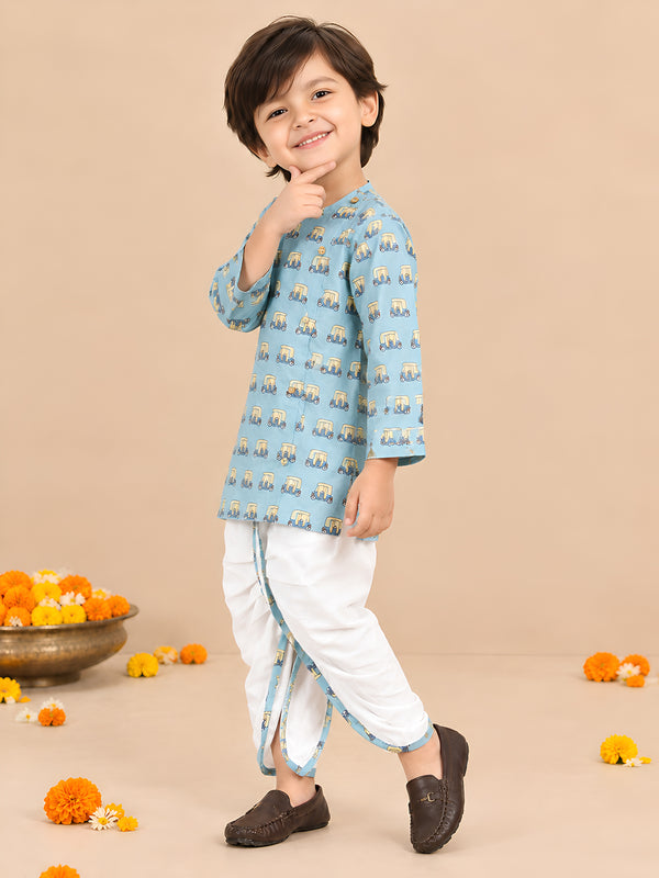 Polka Tots Cotton Full Sleeve Auto Rickshaw Angrakha Top With Dhoti - Blue