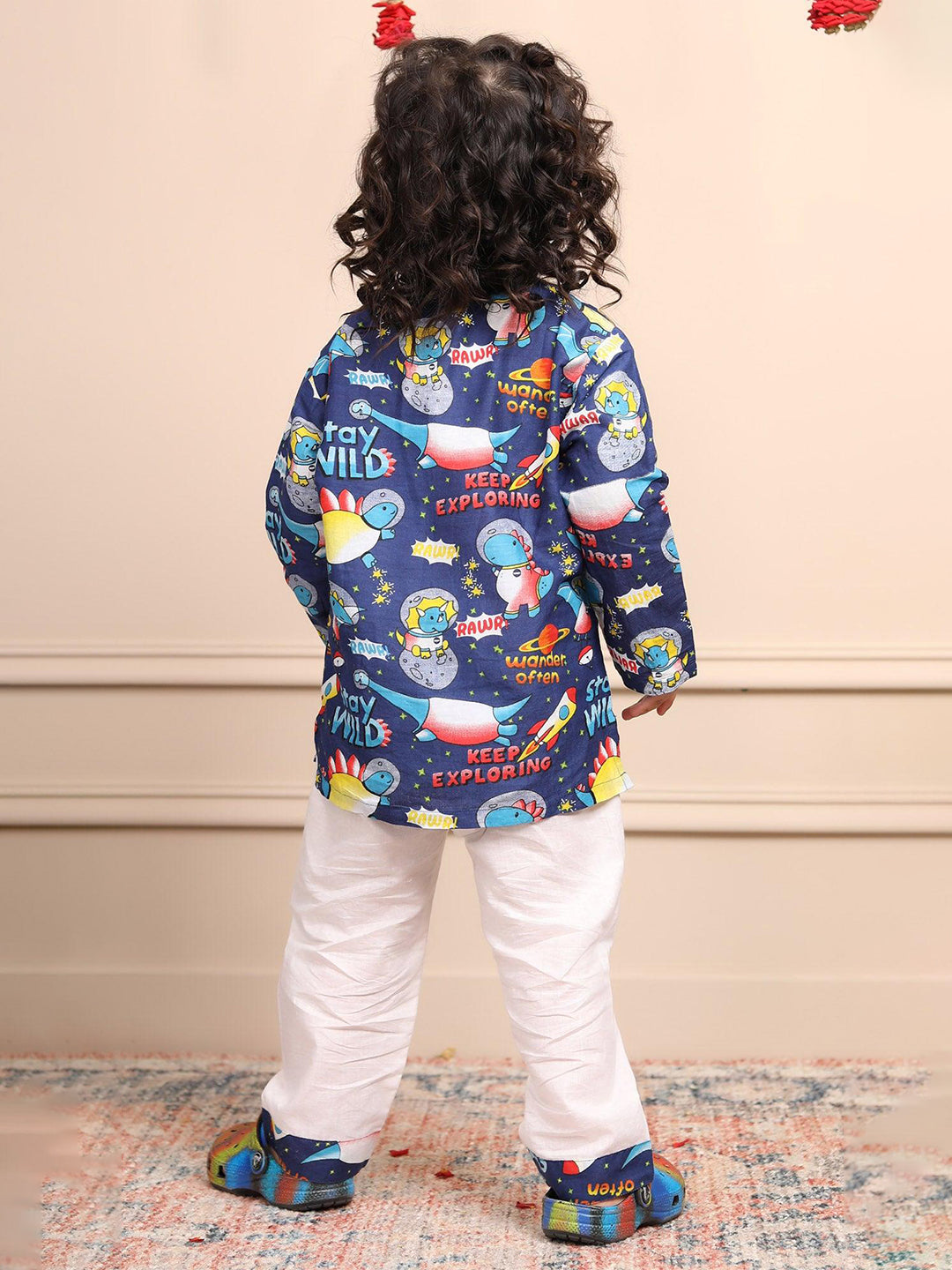 Polka Tots Space print Full sleeves Nightwear Kurta pyjama set - Blue