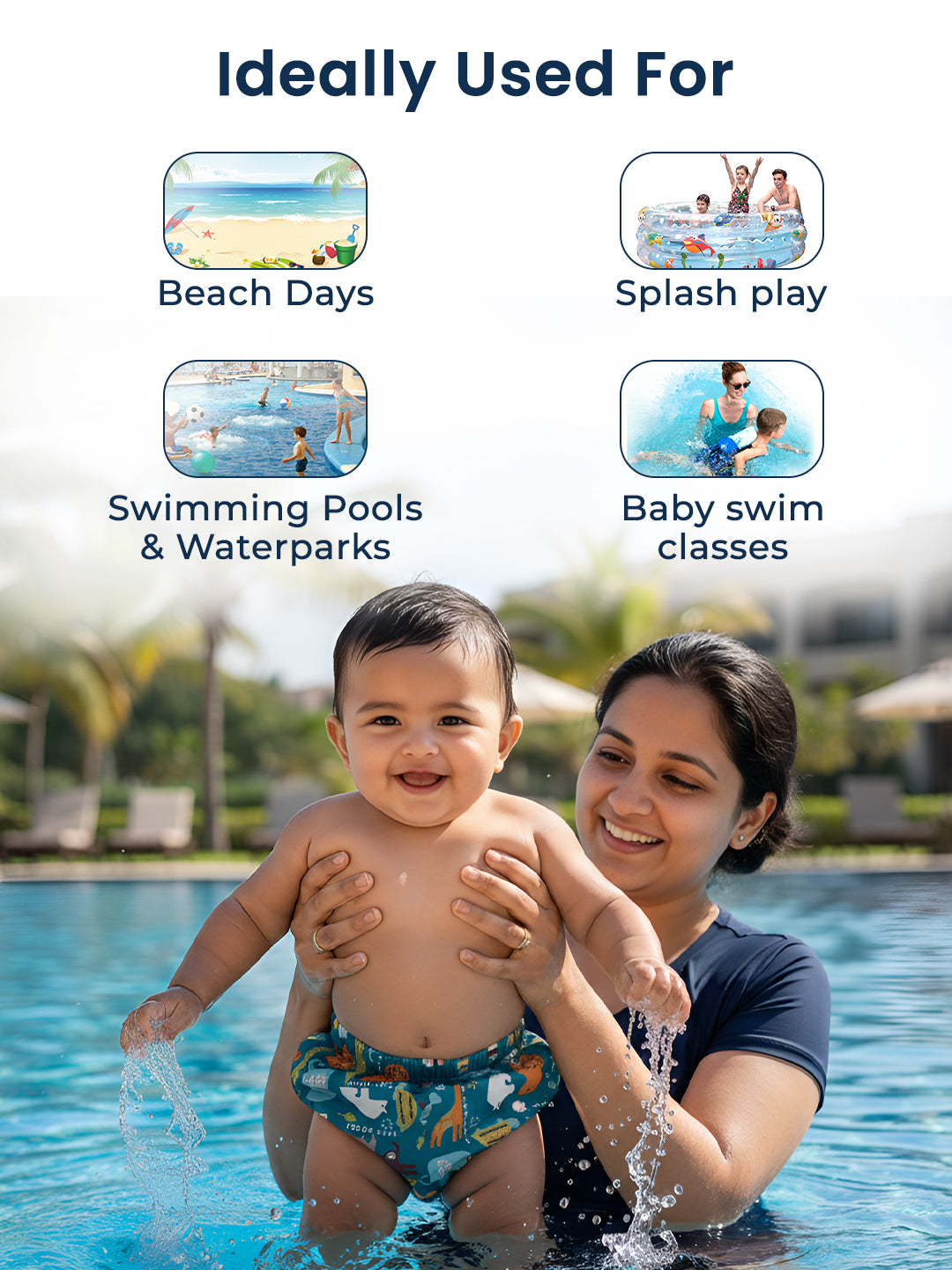 Woman holding a child in a pool with text indicating product use for beach days, splash play, swimming pools, waterparks, and baby swim classes.