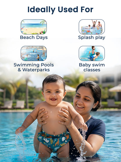 Woman holding a child in a pool with text indicating product use for beach days, splash play, swimming pools, waterparks, and baby swim classes.