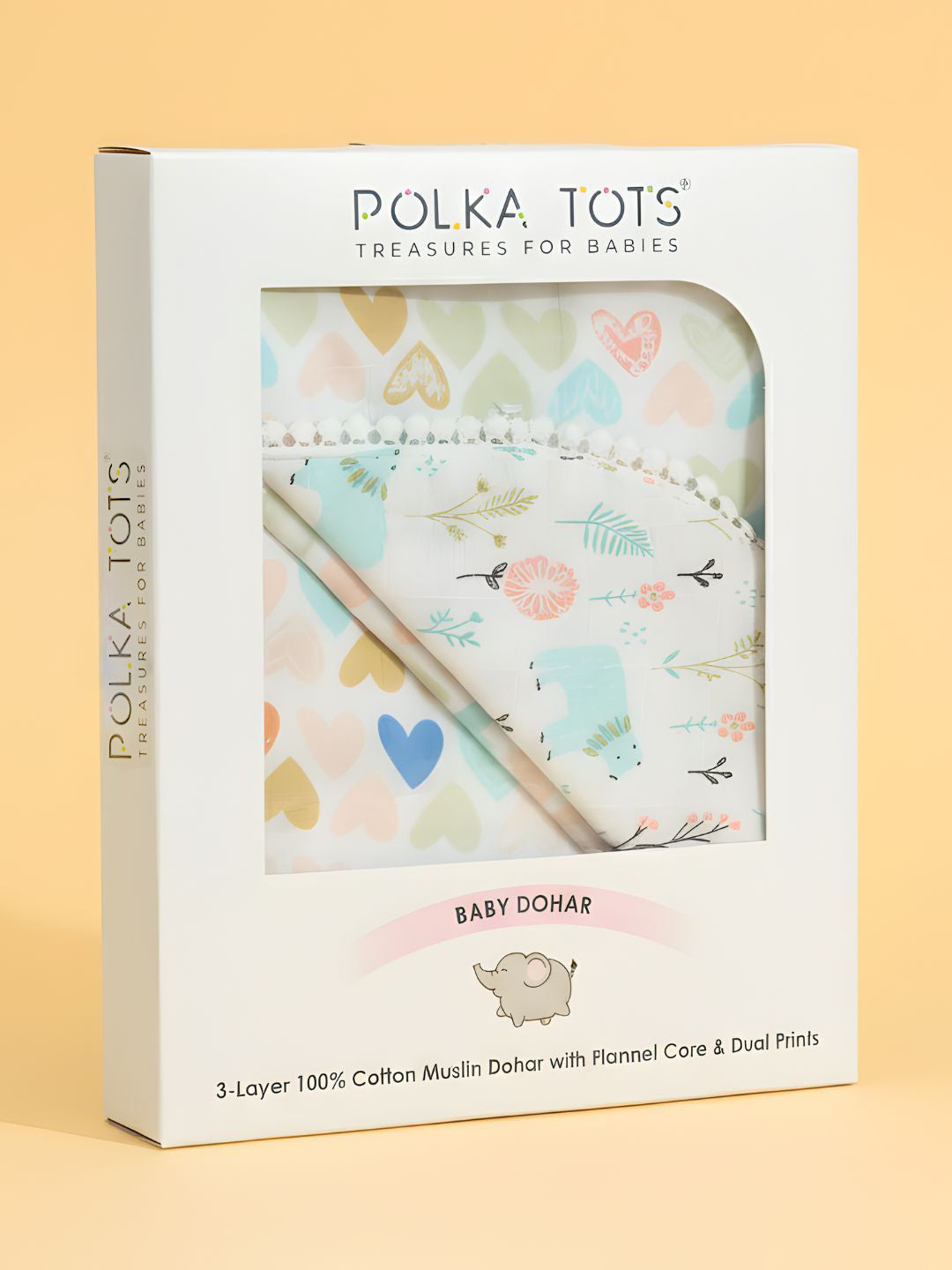 Polka Tots 100% Soft Muslin Cotton 3-Layer Reversible Baby Blanket/Dohar with Pom-Pom Lace - Mini Hearts & Bloomy Bear Print