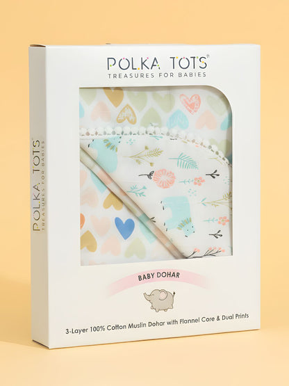 Polka Tots 100% Soft Muslin Cotton 3-Layer Reversible Baby Blanket/Dohar with Pom-Pom Lace - Mini Hearts & Bloomy Bear Print