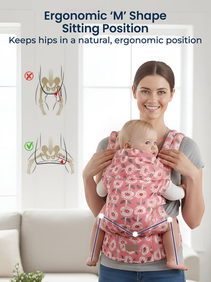 Woman carrying a baby in a floral baby carrier with ergonomic illustrations on a white background