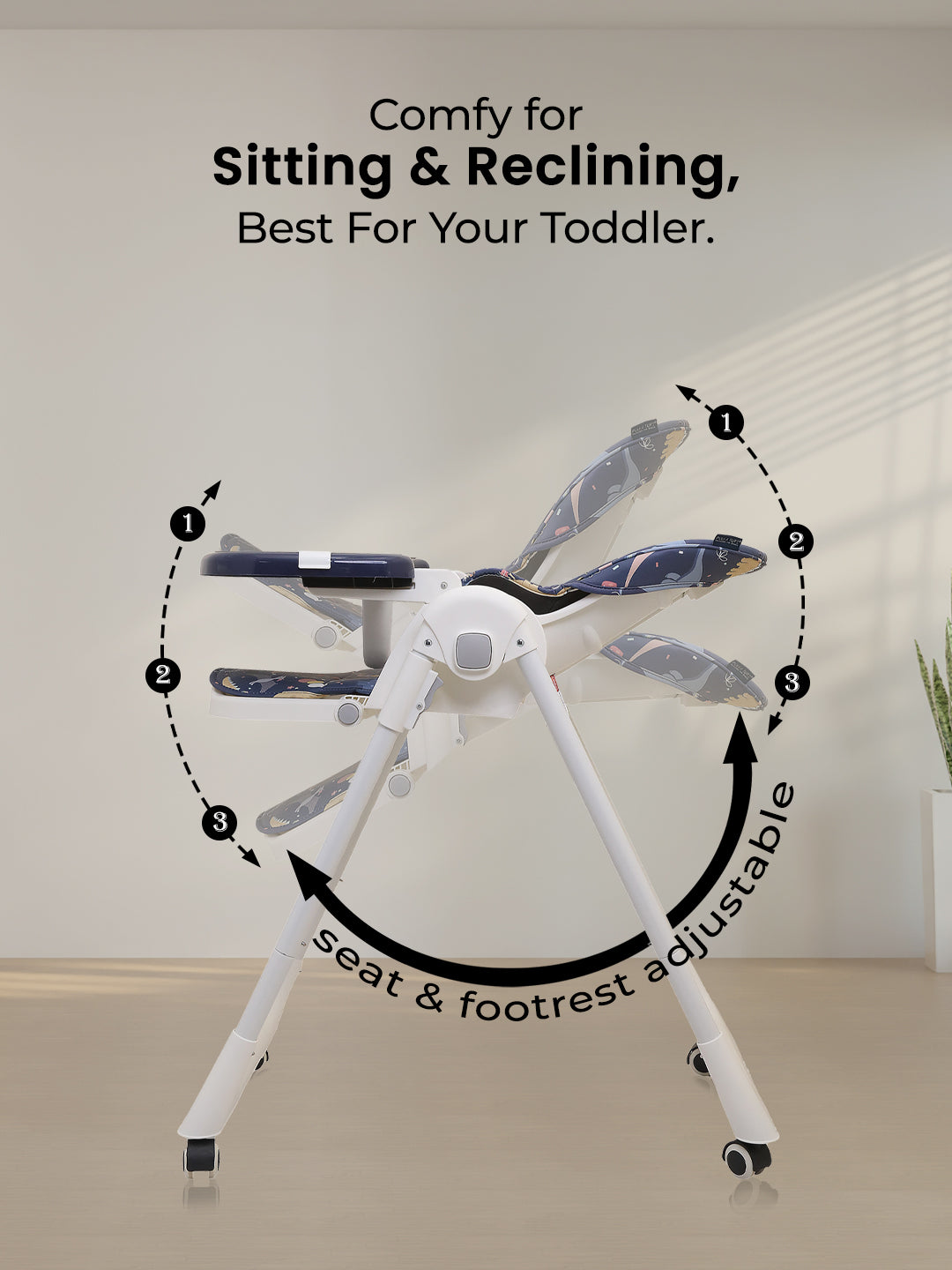 High chair with adjustable seat and footrest on a plain background