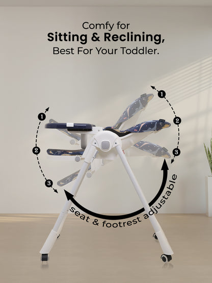 High chair with adjustable seat and footrest on a plain background