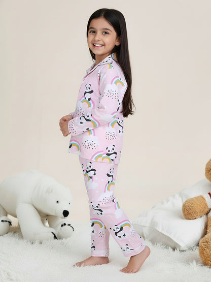 Polka Tots Full sleeve Panda Rainbow Print Night suit - Pink