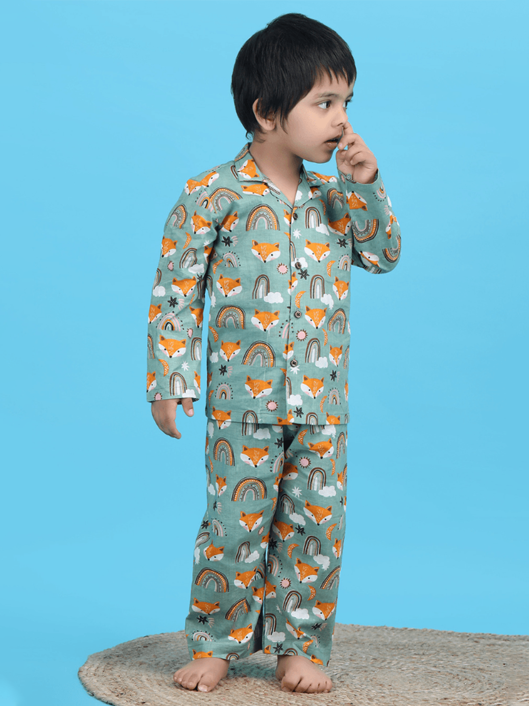 Polka Tots Full sleeves Fox print Night Suit - Green