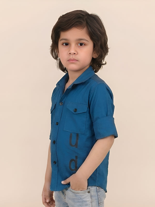 Polka Tots Full sleeves Stud print shirt - Blue