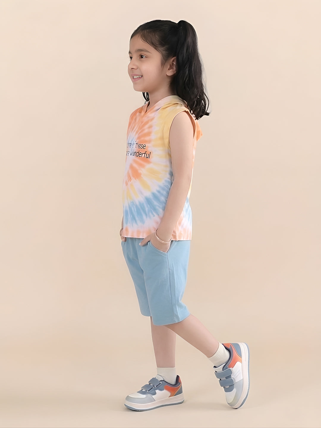Polka Tots Sleeveless Tie dye print T-Shirt Shorts with attached Hoodie - Multicolor